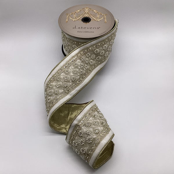 Ruban velours bijou perle fleuri centre métallique blanc hivernal 10 cm x 4,5 m