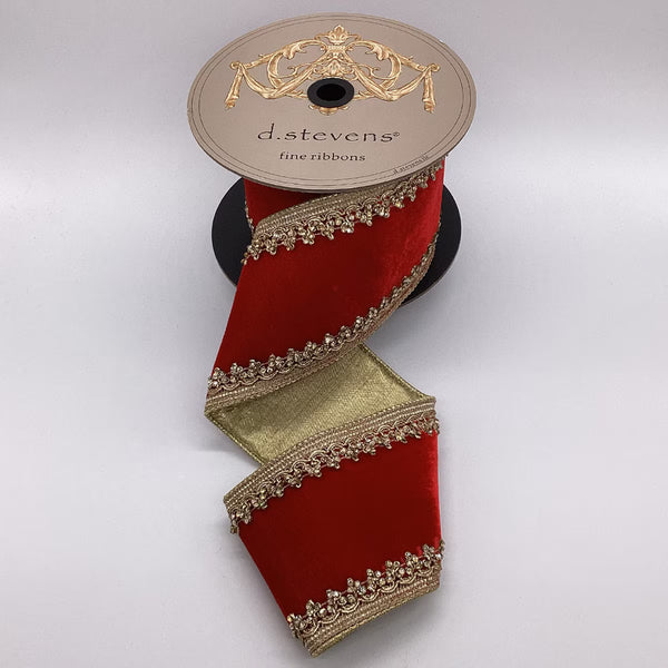 Ruban velours bijou comtesse or rouge 10 cm x 4,5 m