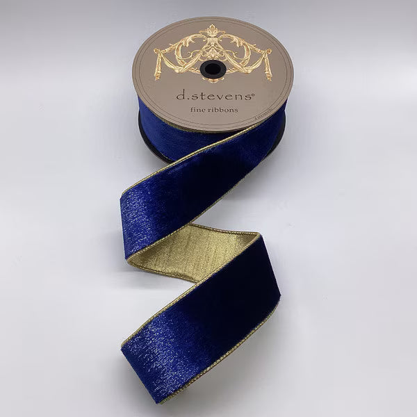 Ruban velours glacé dos métallique or bleu marine 6,5 cm x 9 m