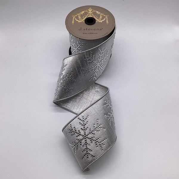 Ruban soie métallique flocon neige cristal clair argent 10 cm x 4,5 m
