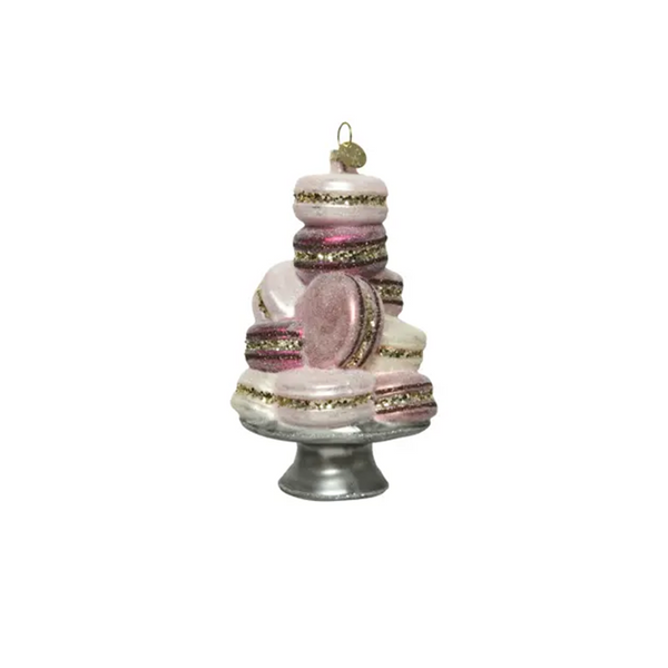 Ornement pile de macarons en verre rose et doré