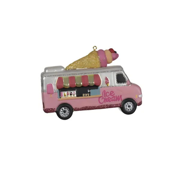 Ornement camion de crème glacée en verre rose