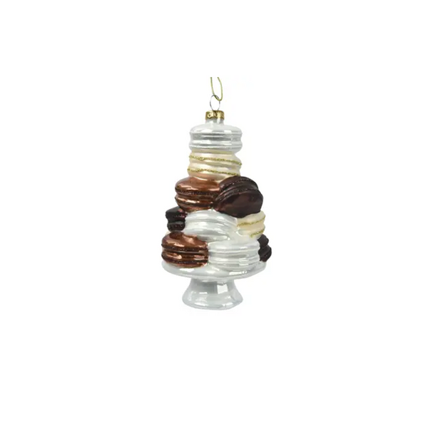 Ornement pile de macarons en verre brun et blanc