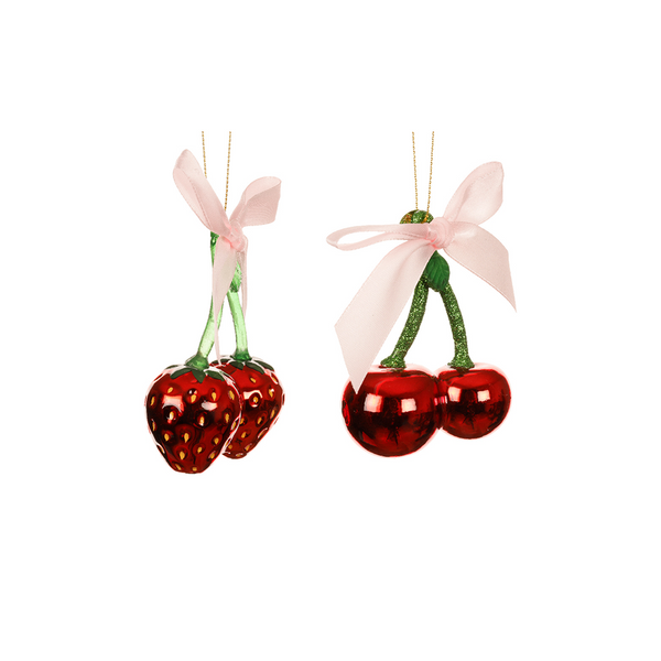 Glass strawberry or cherry ornament with pink ribbon