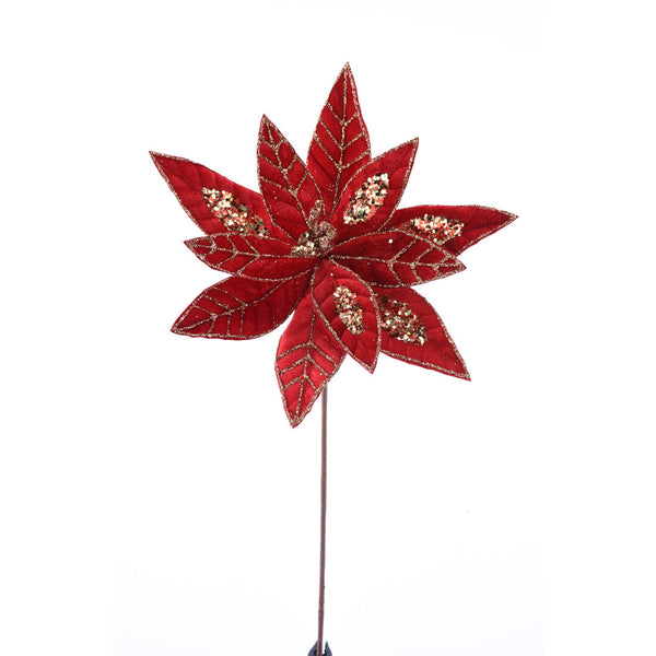 Tige de poinsettia en velours pailleté rouge foncé or 22"