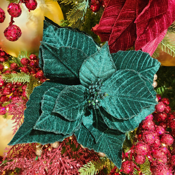 Emerald Green Velvet Poinsettia Stem 22