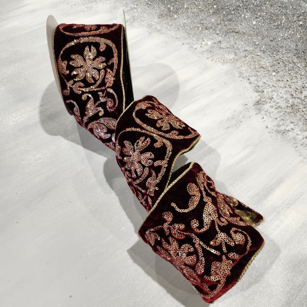 Ruban en velours vigne rouge vin et doré 4" x 15'