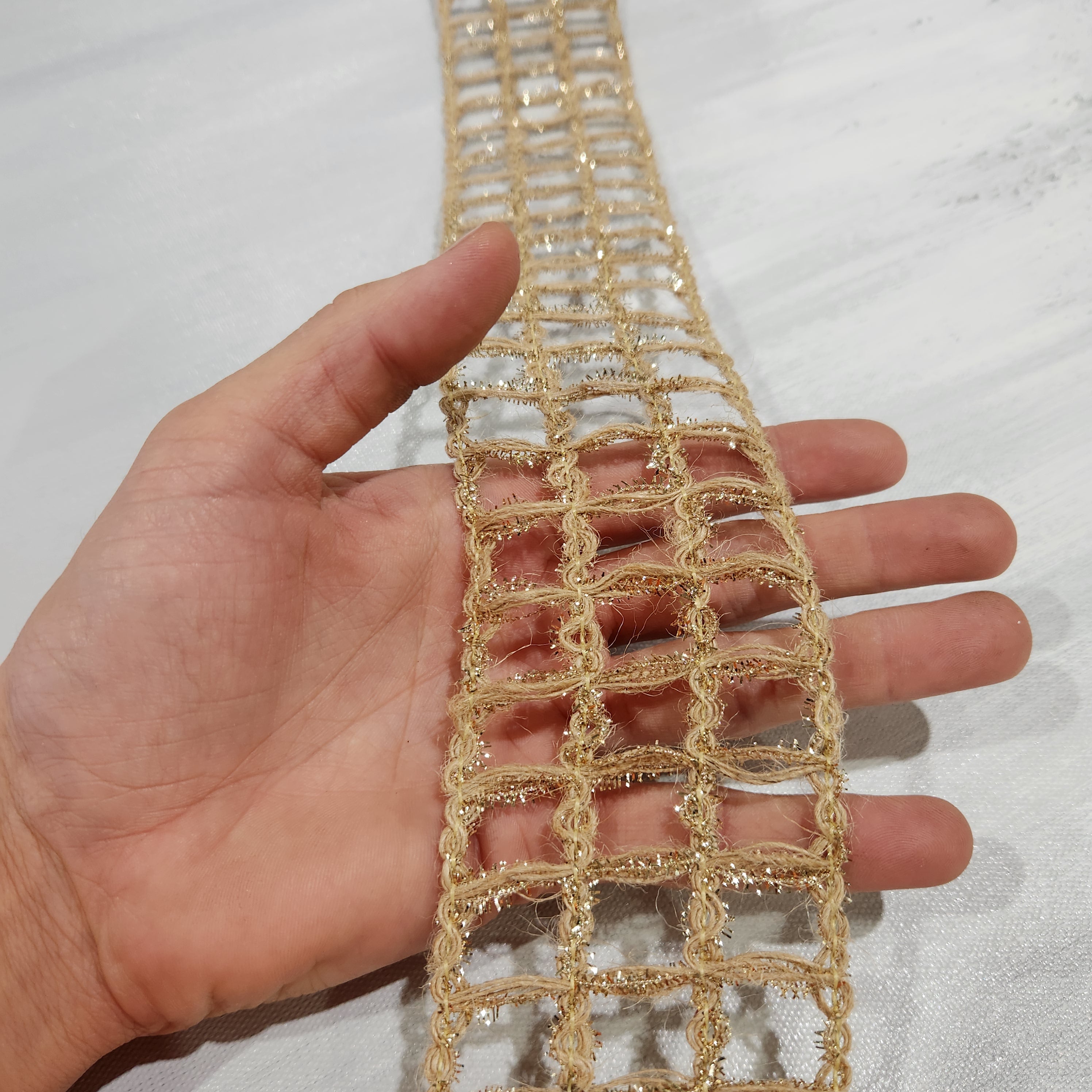 Natural and Gold Wool Net Ribbon 2.5" x 30'