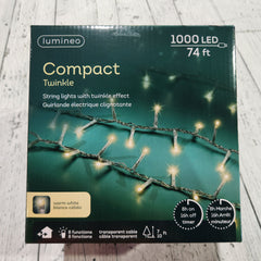 1000 Warm White LED Lights, Transparent Wire, 8 Functions, 74'