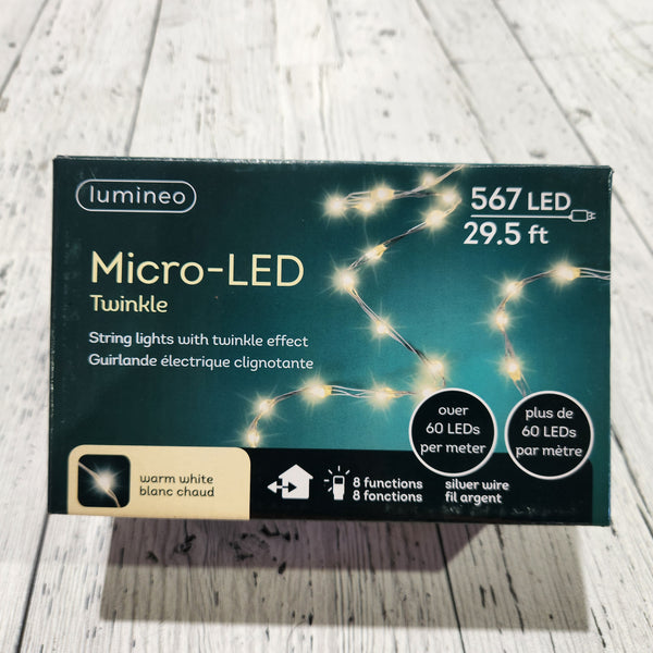 567 micro lumières DEL denses, 8 fonctions, blanc chaud, fil argenté, extérieur, 29,5'