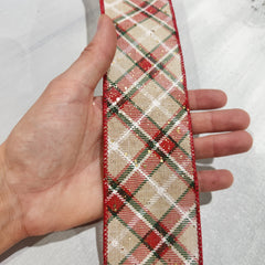 Ruban de lin losange rouge, vert, blanc et doré 2,5" x 30'
