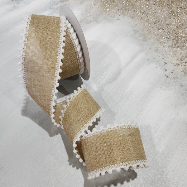 Natural linen ribbon white embroidered border 2.5" x 30'