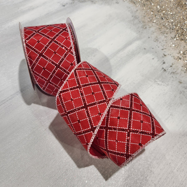 Cream, Red and White Diamond Satin Ribbon 2.5" x 30'
