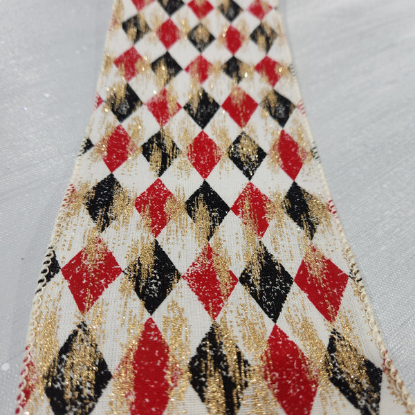 Ruban toile losanges crème, noir-rouge et doré métallisé 4" x 30'