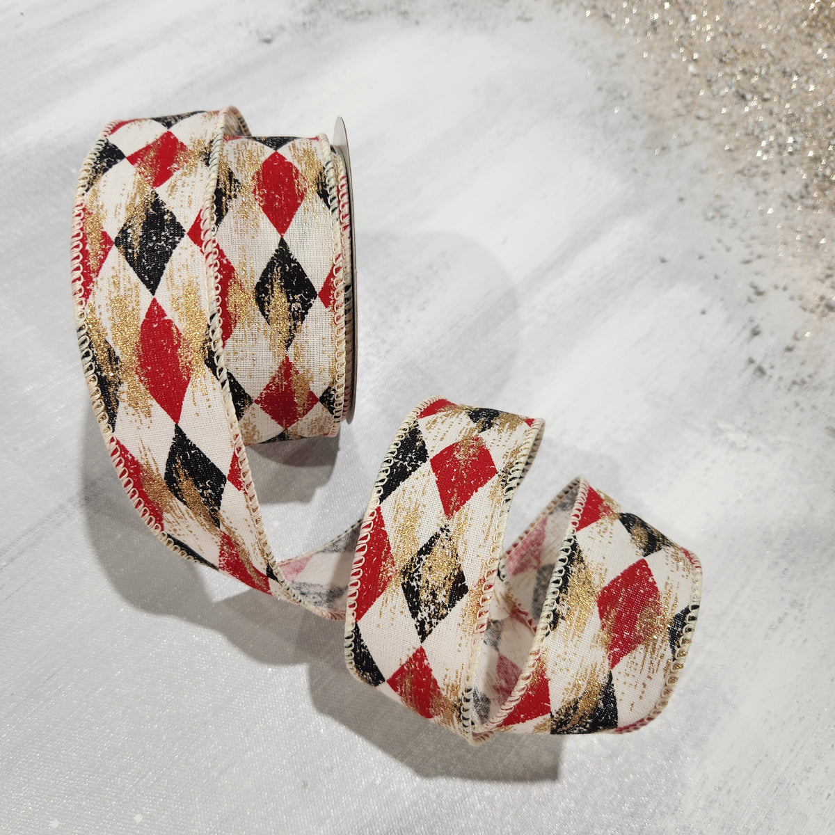 Cream, Black-Red and Metallic Gold Diamond Canvas Ribbon 1.5" x 30'