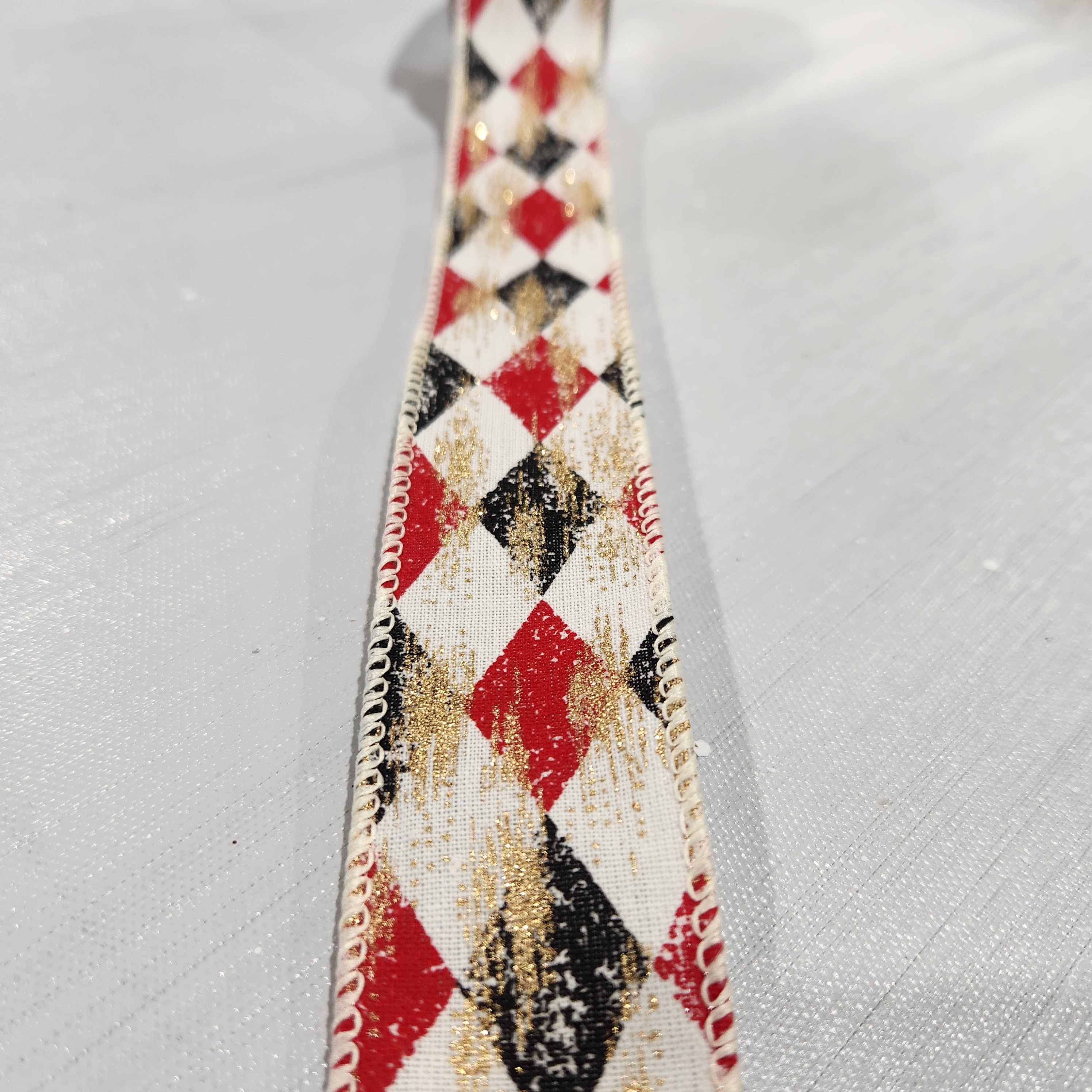 Cream, Black-Red and Metallic Gold Diamond Canvas Ribbon 1.5" x 30'