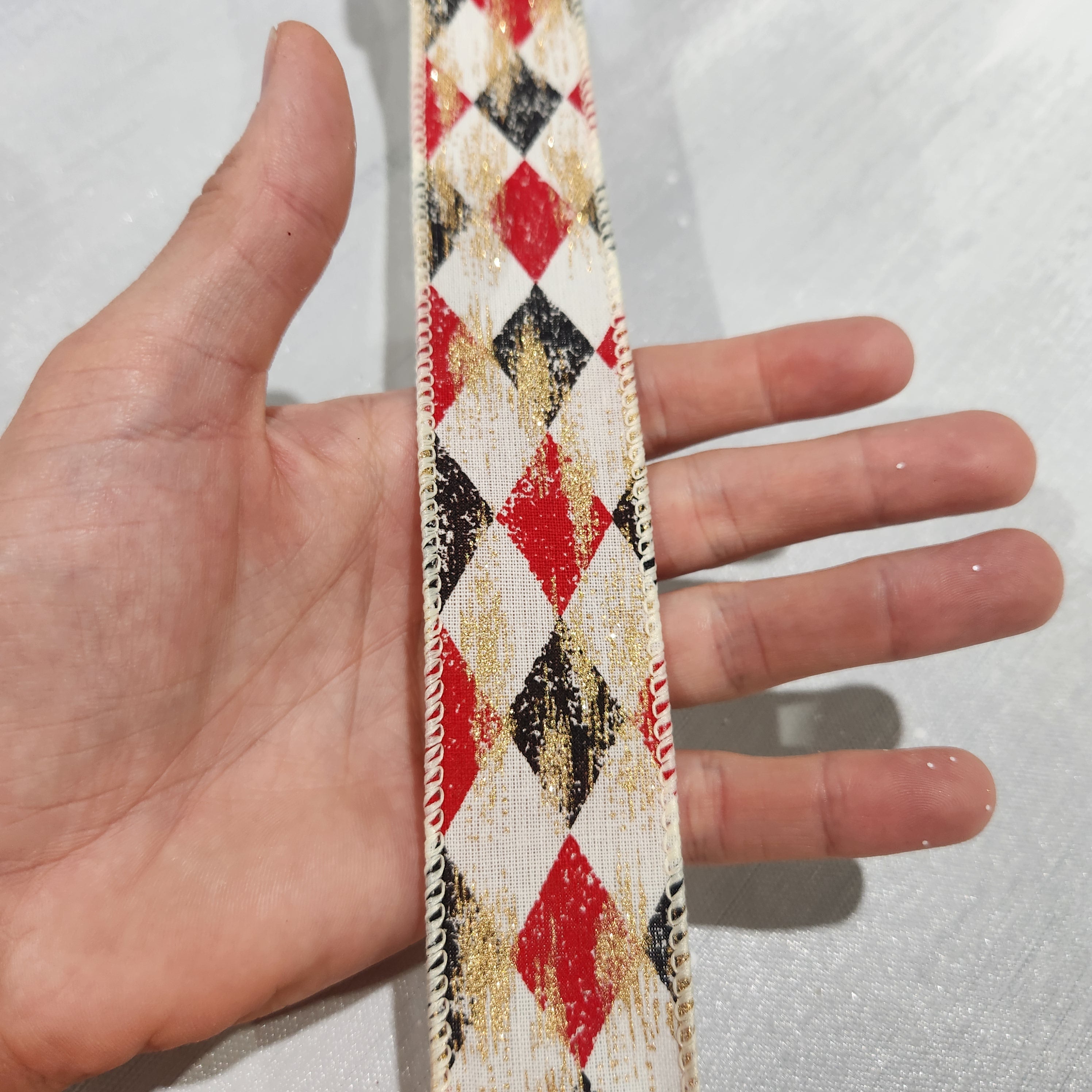 Cream, Black-Red and Metallic Gold Diamond Canvas Ribbon 1.5" x 30'