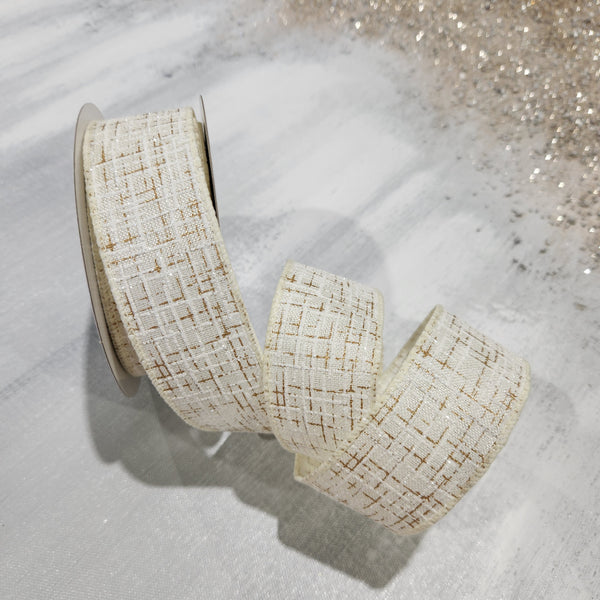 White and gold shiny tweed linen ribbon 1.5" x 30'