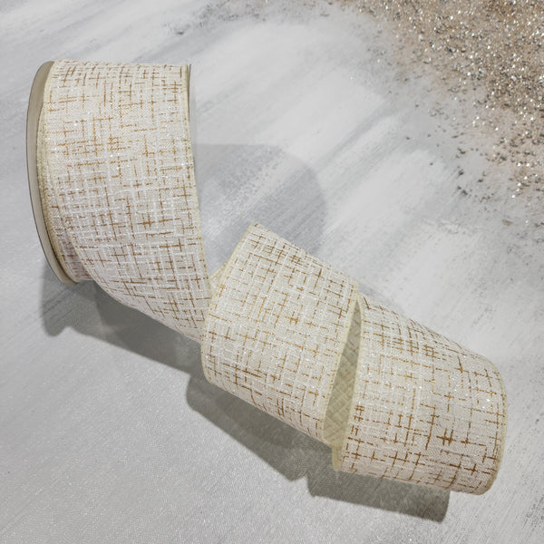White and gold shiny tweed linen ribbon 2.5" x 30'