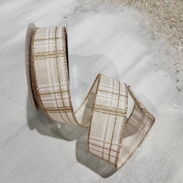 Ivory linen ribbon with beige and chocolate checks 1.5" x 30'
