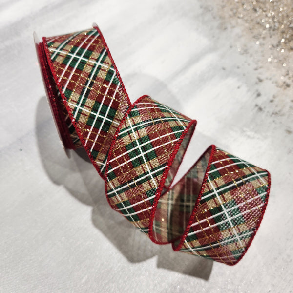 Beige and chocolate checkered linen ribbon shiny 1.5" x 30'