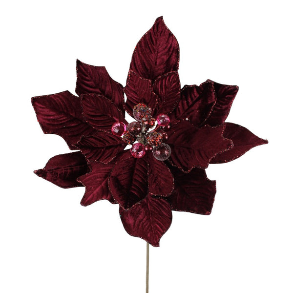 Tige de poinsettia en velours pailleté de luxe merlot 19"