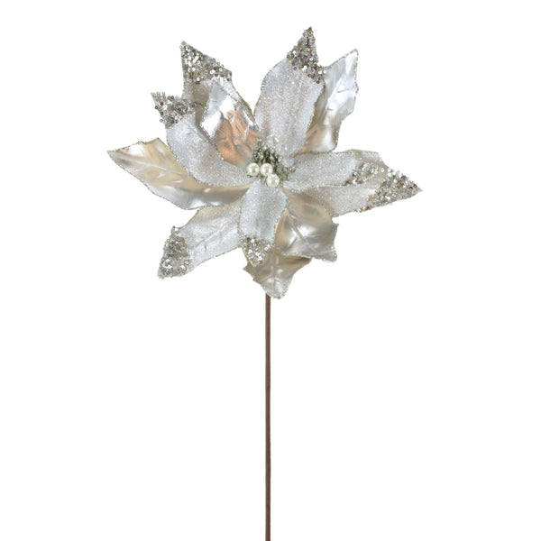 Tige de poinsettia métallique pailletée platine 22"
