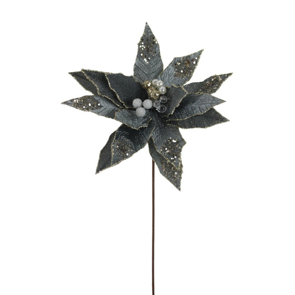 Tige de poinsettia avec bijou bleu gris 18"