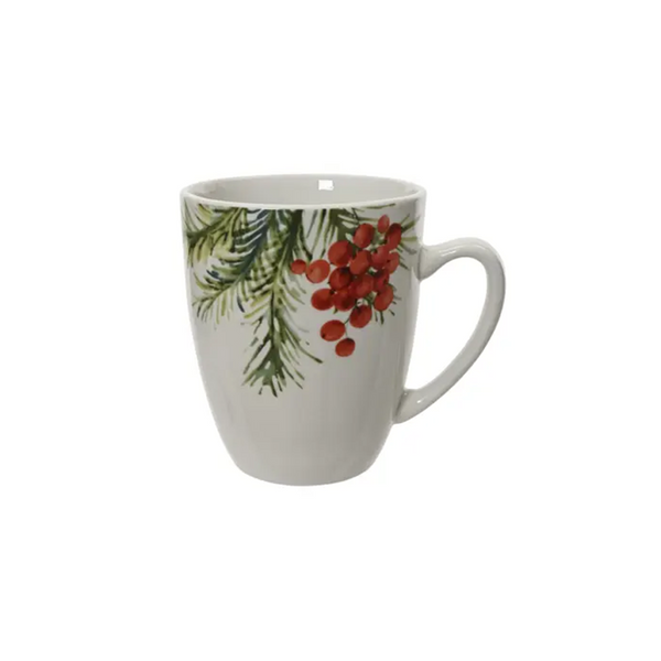 White porcelain mistletoe and pine mug