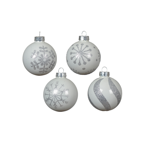 Boules de Noël blanches et argentées boîte de 4