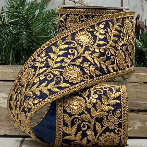 Ruban floral jardin soie marine 7,5 cm x 4,5 m