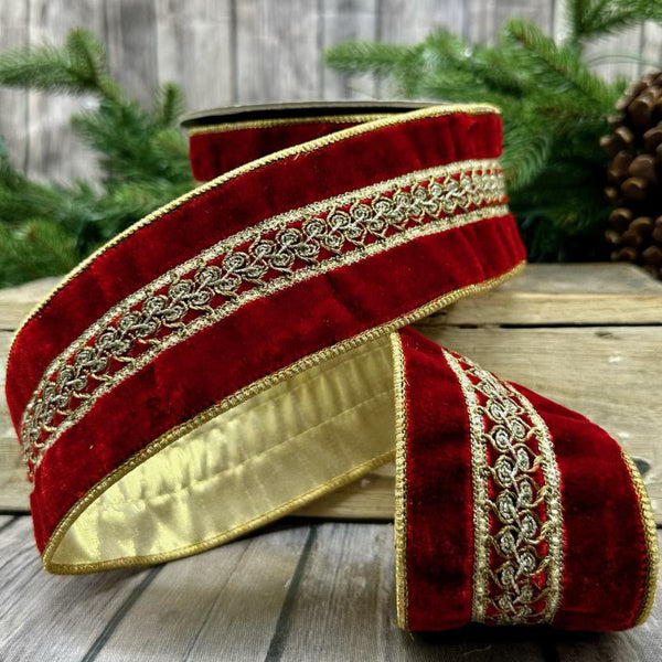 Ruban velours brodé or centre pailleté rouge 6,5 cm x 4,5 m