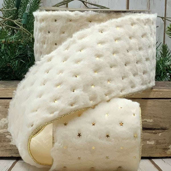 Ruban fausse fourrure étoiles dorées métalliques blanc 10 cm x 4,5 m