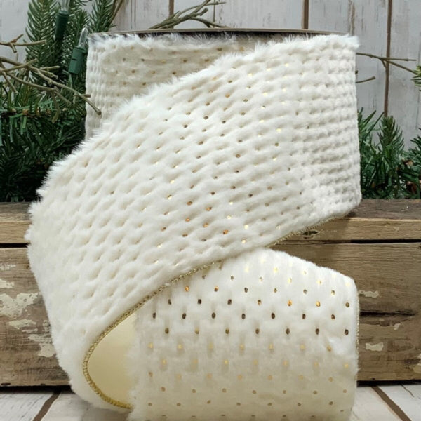 Ruban fausse fourrure petits pois dorés métalliques blanc 10 cm x 4,5 m