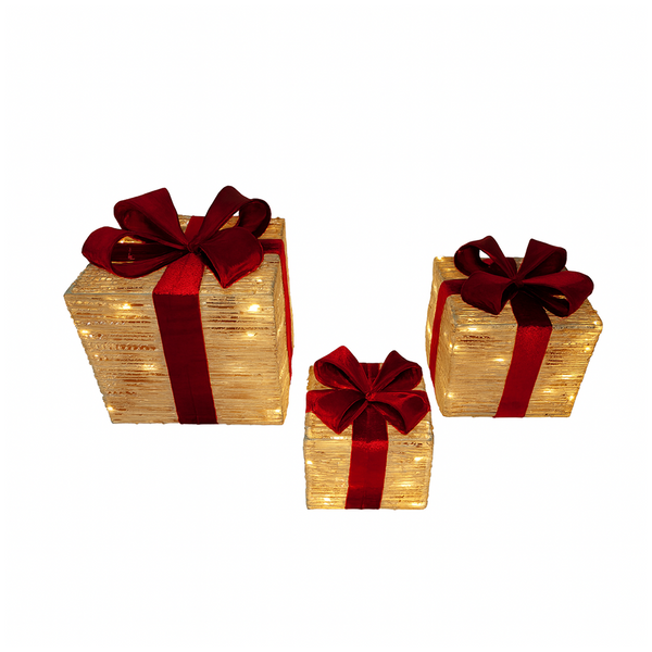 Boîte cadeau corde naturelle avec lumières et boucle rouge