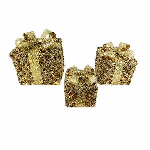 Boîte cadeau corde naturelle scintillante doré avec lumières