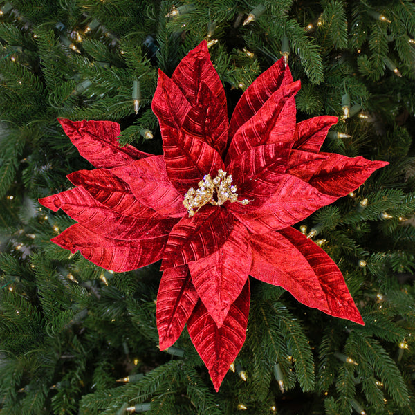 Tige de poinsettia géant en velours bourgogne 22