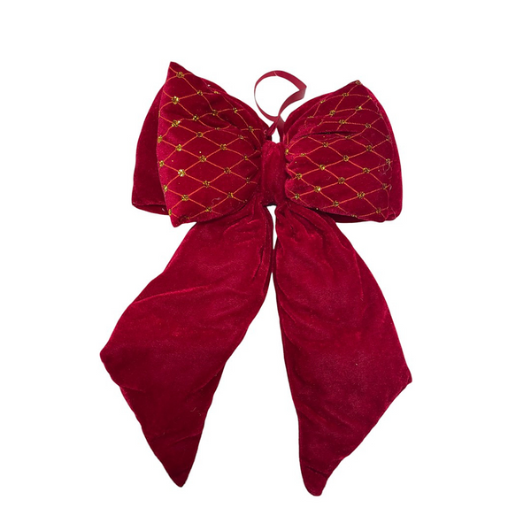 12" Red Gold Glitter Velvet Bow Ornament