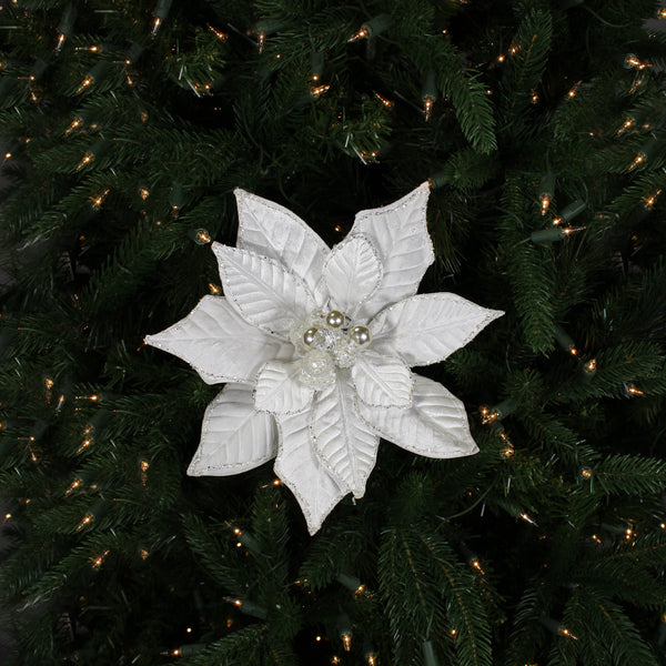 Tige de poinsettia en velours pailleté blanc 18