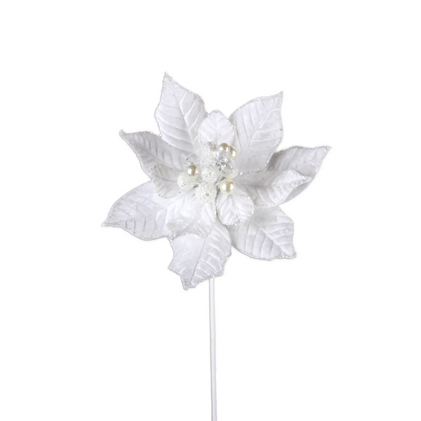 Tige de poinsettia en velours pailleté blanc 18