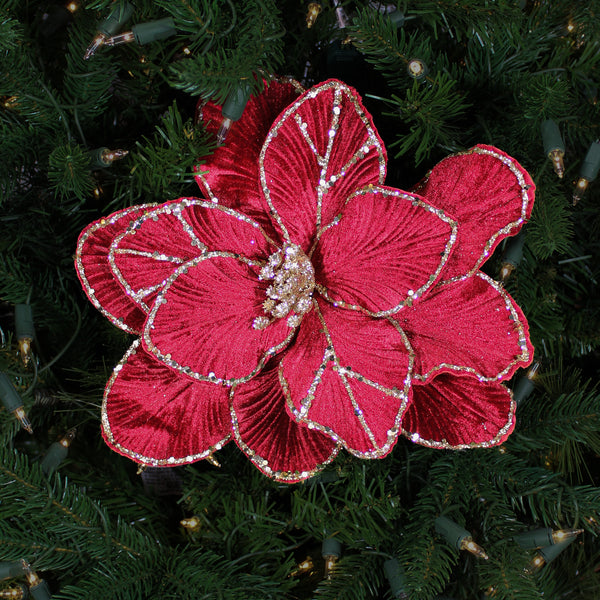Tige de fleur en velours pailleté bourgogne or rose 22