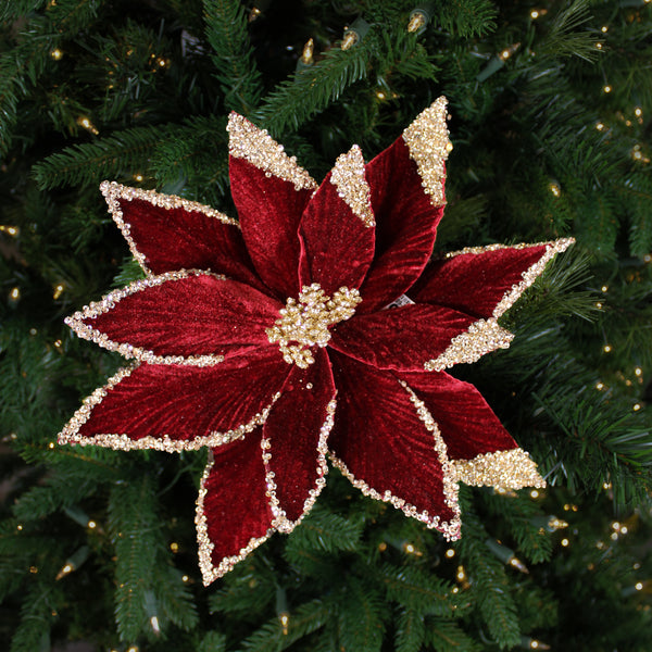 Tige de poinsettia pailletée bourgogne or rose 22