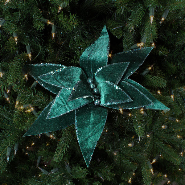 Tige de poinsettia velours/pailleté émeraude 20