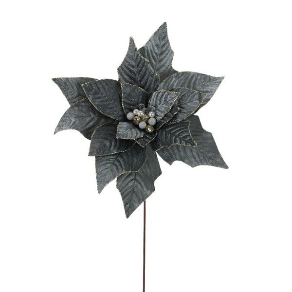 Tige de poinsettia en velours avec bijou bleu gris 19"