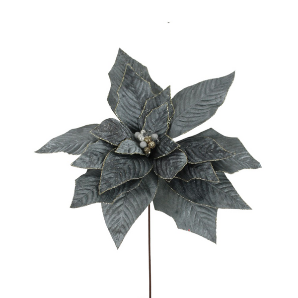 Tige de poinsettia en velours de luxe avec bijou bleu gris 20"