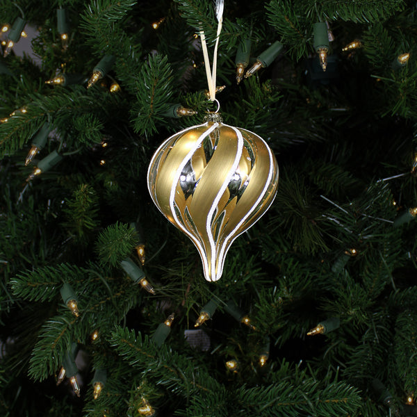 Boule en verre oignon tourbillon de paillettes or transparent 4"