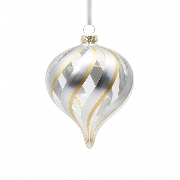 Boule en verre oignon tourbillon de paillettes argent transparent 4"