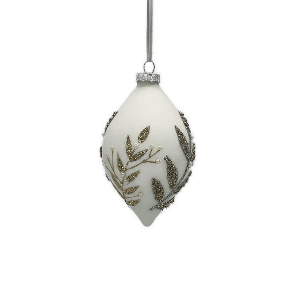 Boule en verre oignon feuilles paillettes platine blanc mat 4"