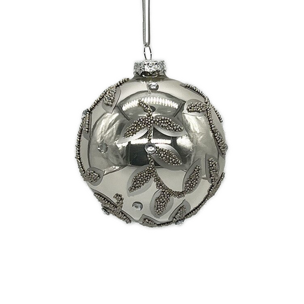 Boule en verre feuilles perlées platine 4"