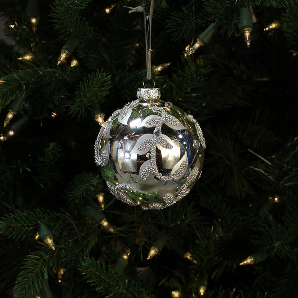 Boule en verre feuilles perlées platine 4"